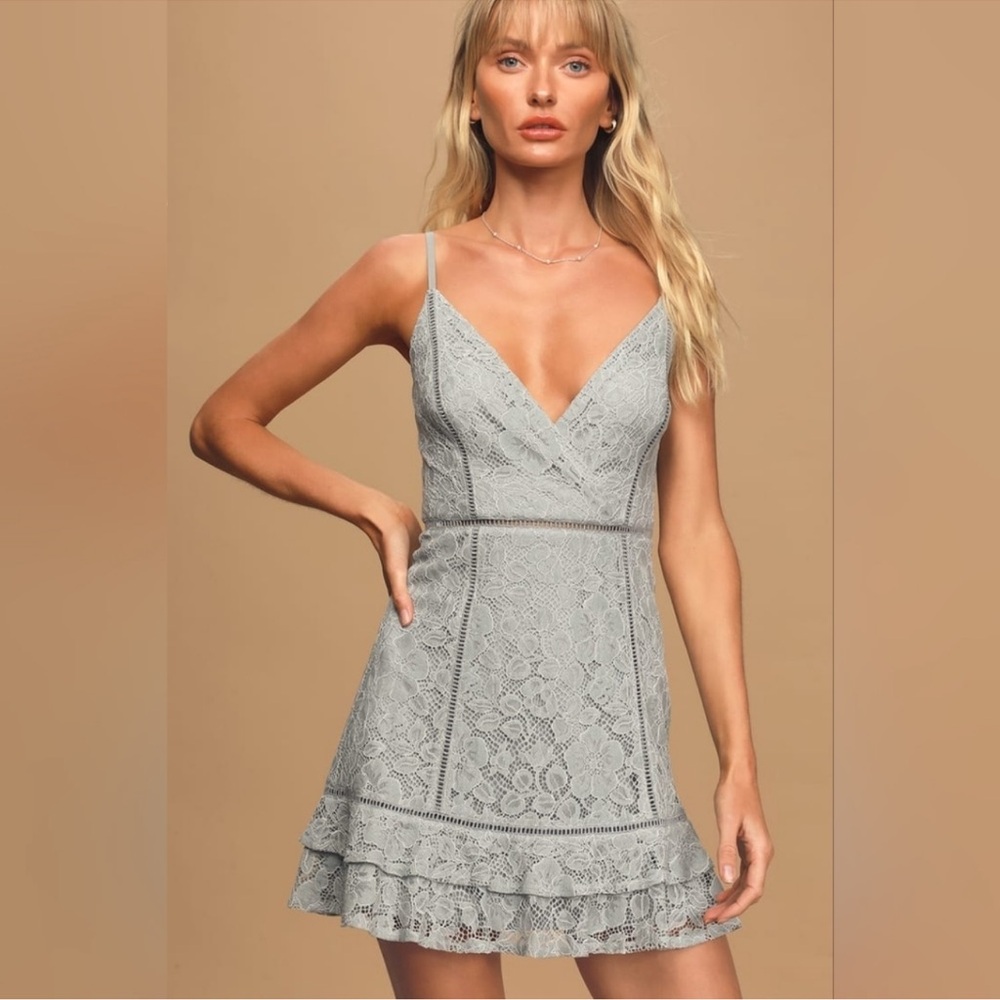 NWT Lulu's Nordstrom Sweet Like Candy Dusty Blue Lace Ruffled Mini Dress